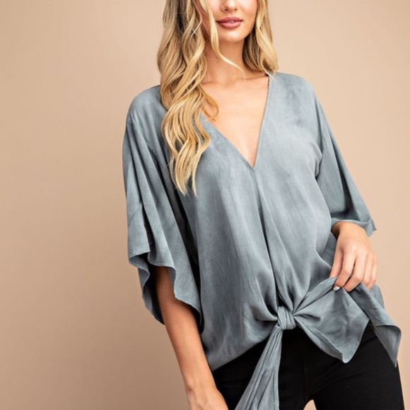 V-Neck Front Tie Solid Color Blouse Top - Picture 3 of 8